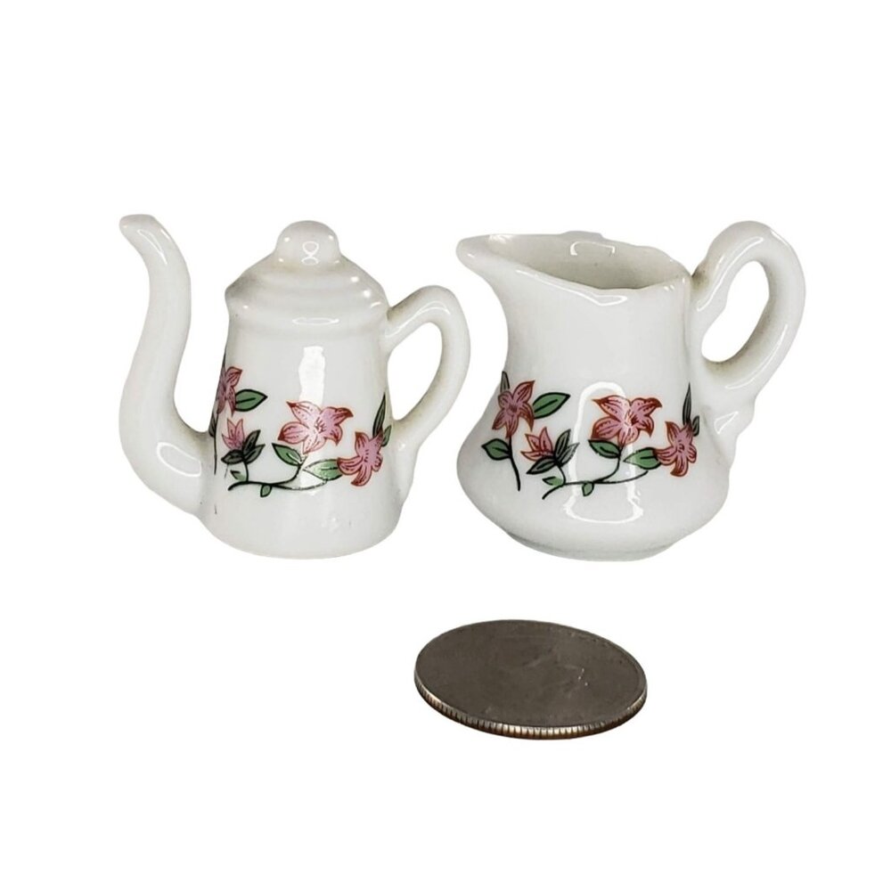 Dollhouse Teapot Water Pitcher Floral Porcelain Miniature Set